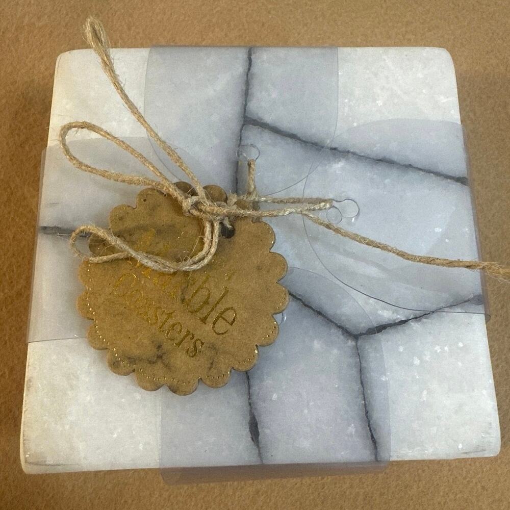 4 Heavy Thick Square White Fused with black and Natural Marble 4" Coasters NEW